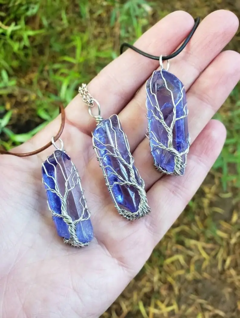 Titanium Wire Wrapped Blue Aura Quartz Crystal Tree of Life Pendant Necklace - Grounding Necklace - Self Confidence - Relaxation Crystal