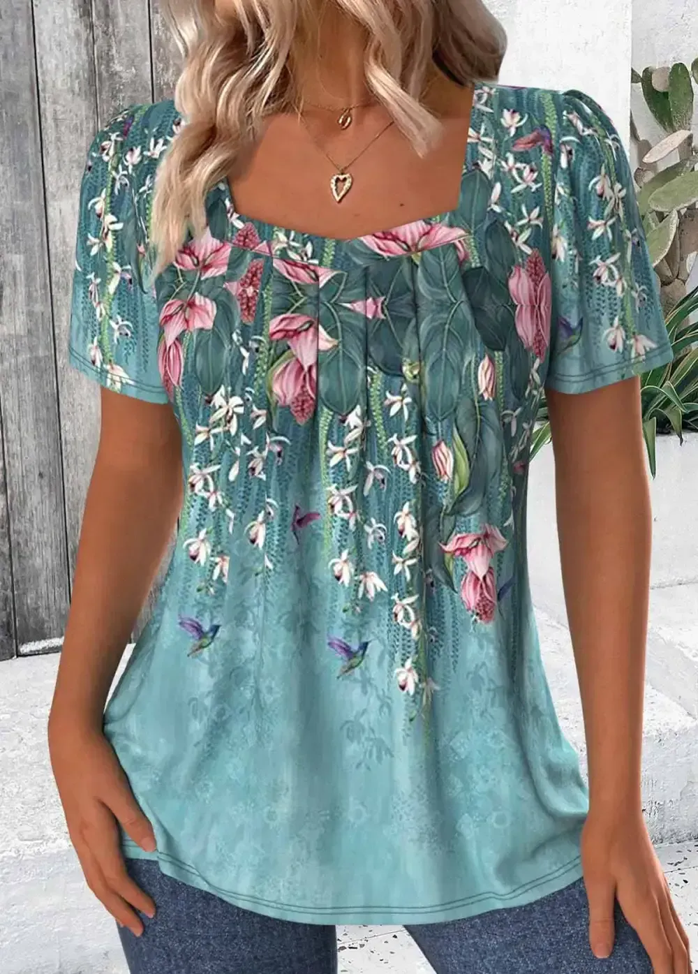 Green Floral Print Short Sleeve Square Neck T Shirt
