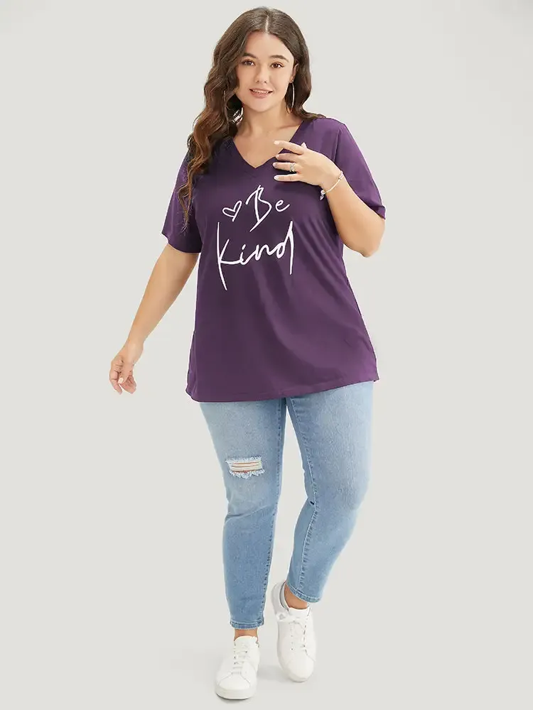 Letter & Heart Print V Neck T-shirt