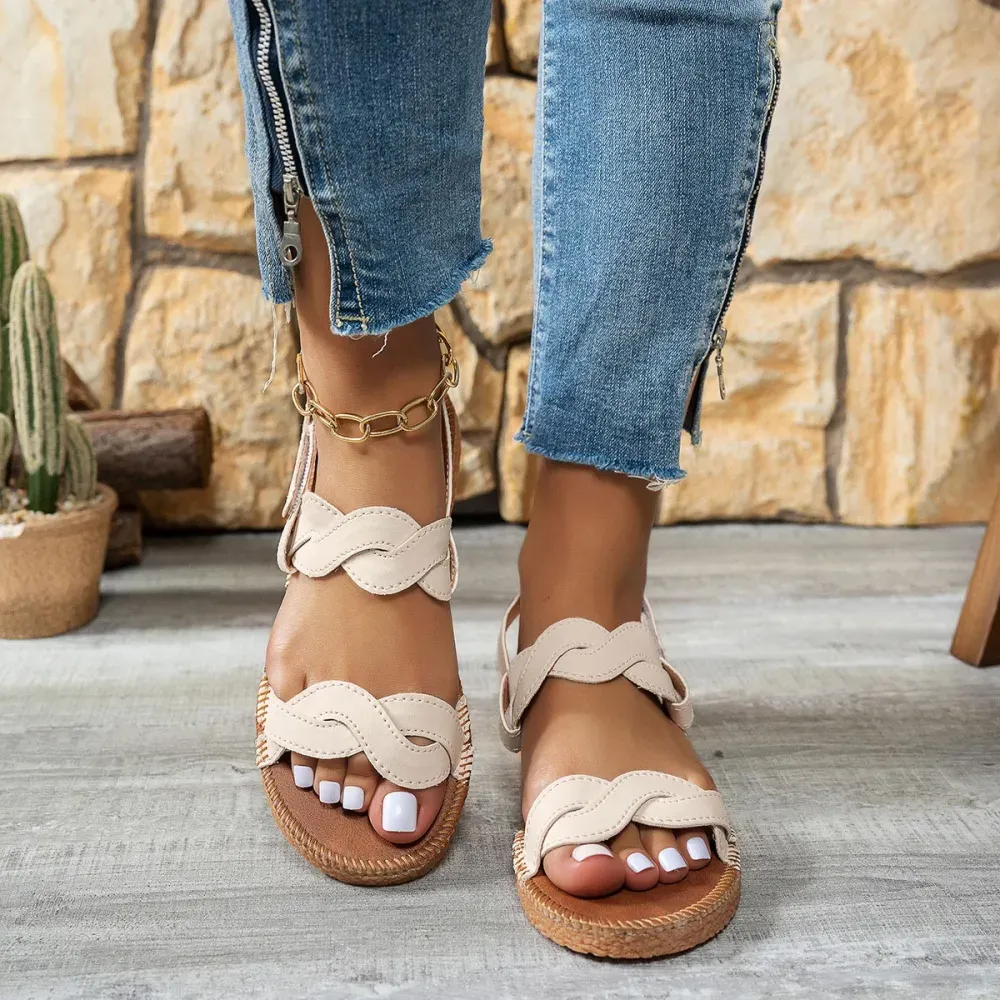 Beige Open Toe PU Leather Falt Sandals