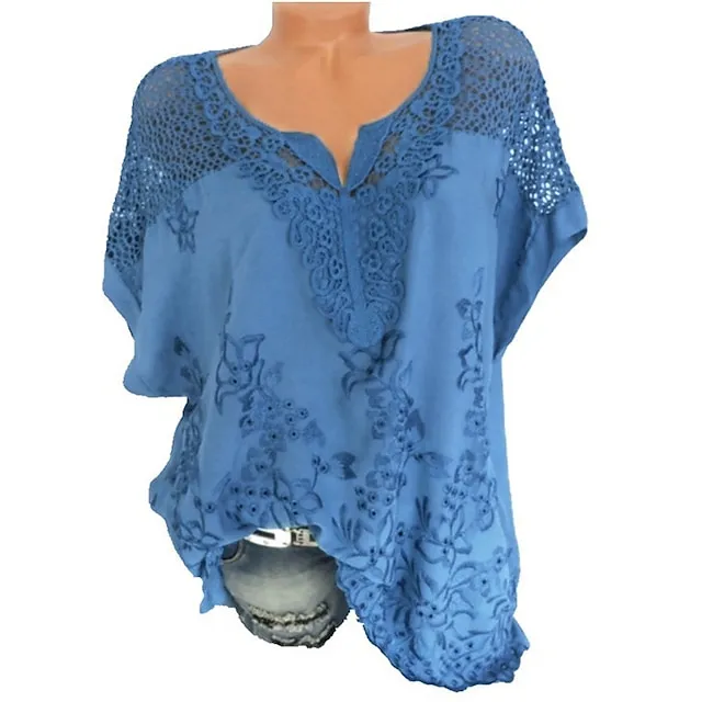 Women's Shirt Lace Shirt Blouse Eyelet top Chiffon Plain Embroidered Daily Going out Weekend Streetwear Basic Casual Short Sleeve V Neck Black Summer Spring