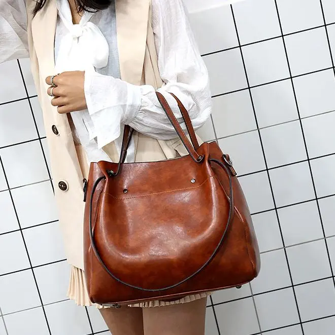 Ladies retro four-piece large-capacity Picture-mother bag, solid color handbag, one-shoulder diagonal bag