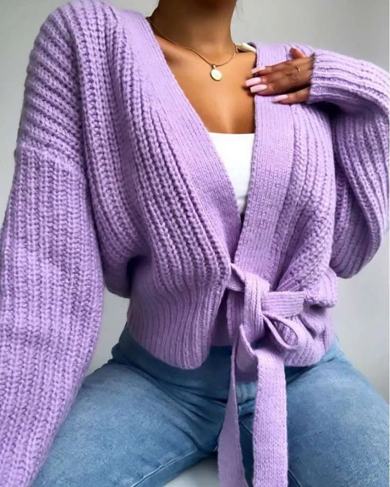 V-Neck Bandage Cardigan Sweater Solid Color Hollow Ladies Sweater