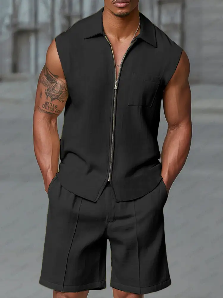 Athleisure Zipped Tank Top Shorts Set