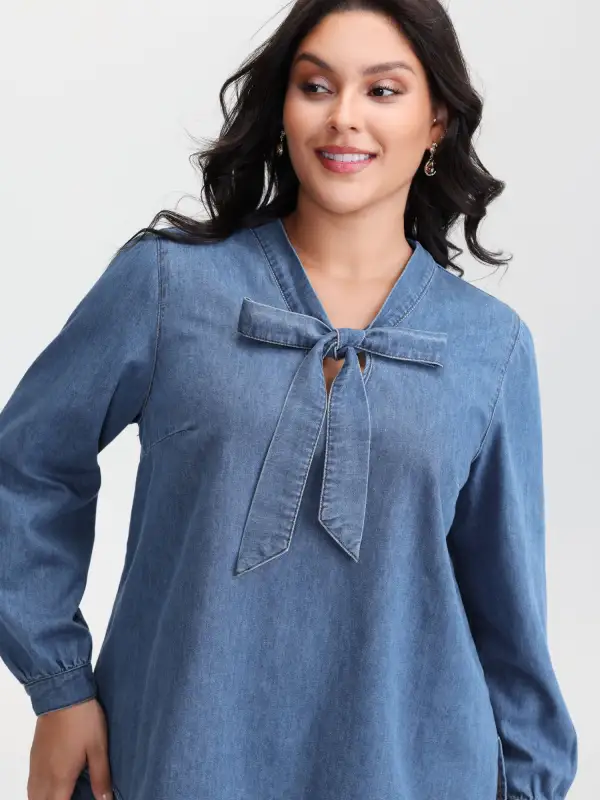 Adjustable Tie Collar Denim Top