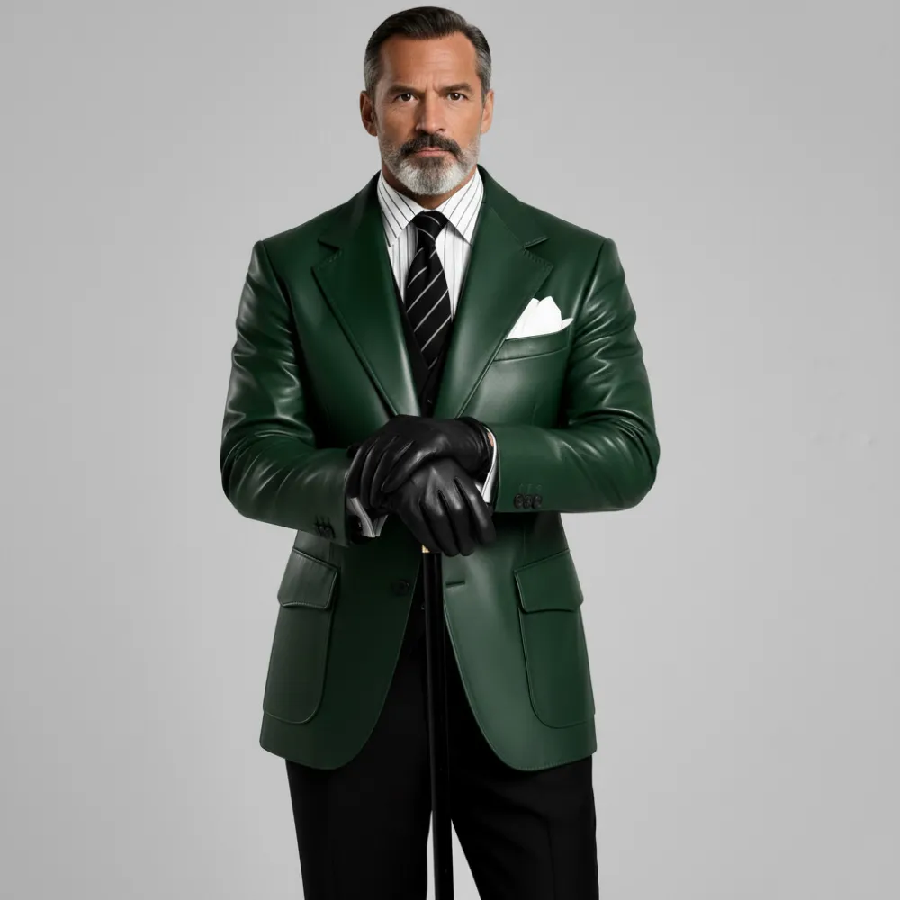 Men's Dark Green PU Leather Notched Lapel Single Breasted Flap Pockets Long Sleeve Blazer