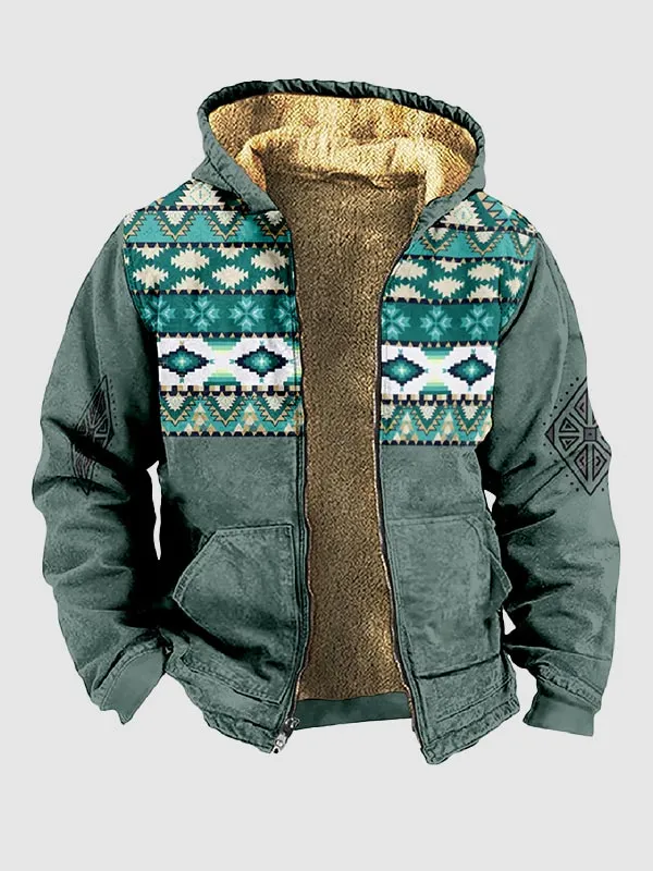 Men's Sherpa Fleece Full Zip Hoodie Vintage Jacket