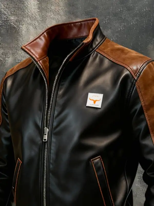 Men'S Vintage Leather Suede Patchwork Contrast Color Outdoor Jacket