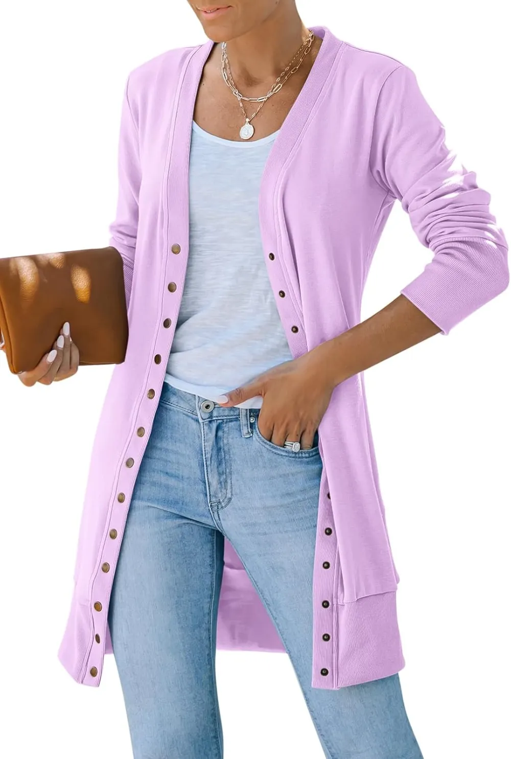 Women's 2024 Fall Long Sleeve Snap Button Down Solid Color Knit Ribbed Neckline Cardigans