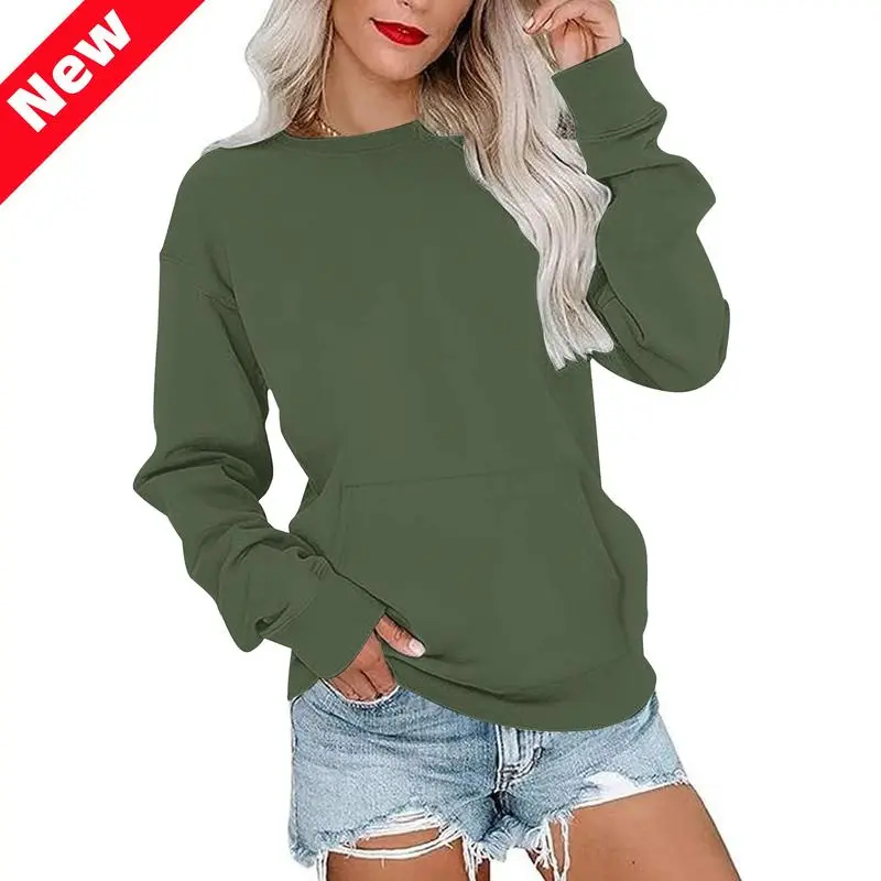 Women's Crewneck Hoodless Sweatshirt With Kangaroo Pocket Fleece Longsleeve Oversized Casual Style Shirt