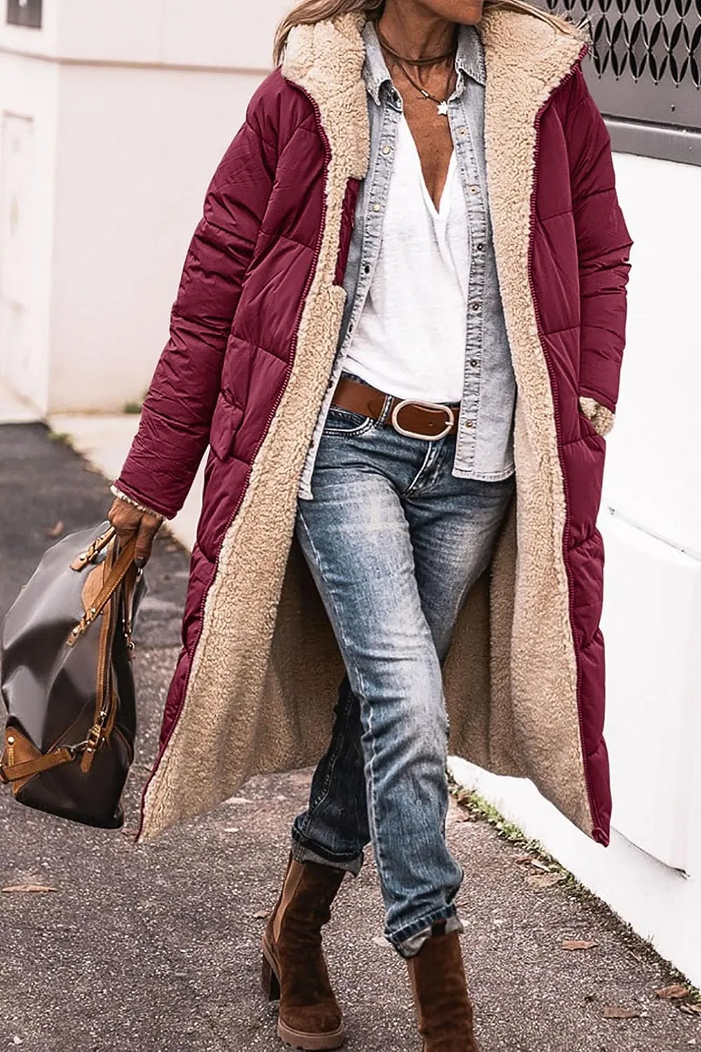 Women's Warm Winter Coats Reversible Sherpa Fleece Long Hooded Puffer Jackets Outerwear