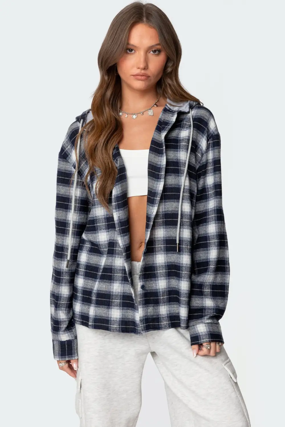 Plaid Hooded Button Up Shirt