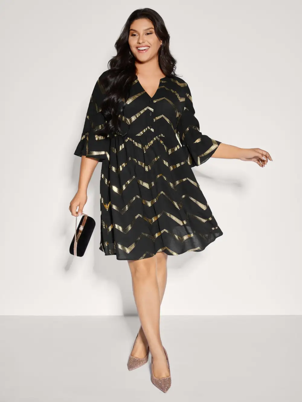 Gold Stamping Wavy Knee-Length Dress