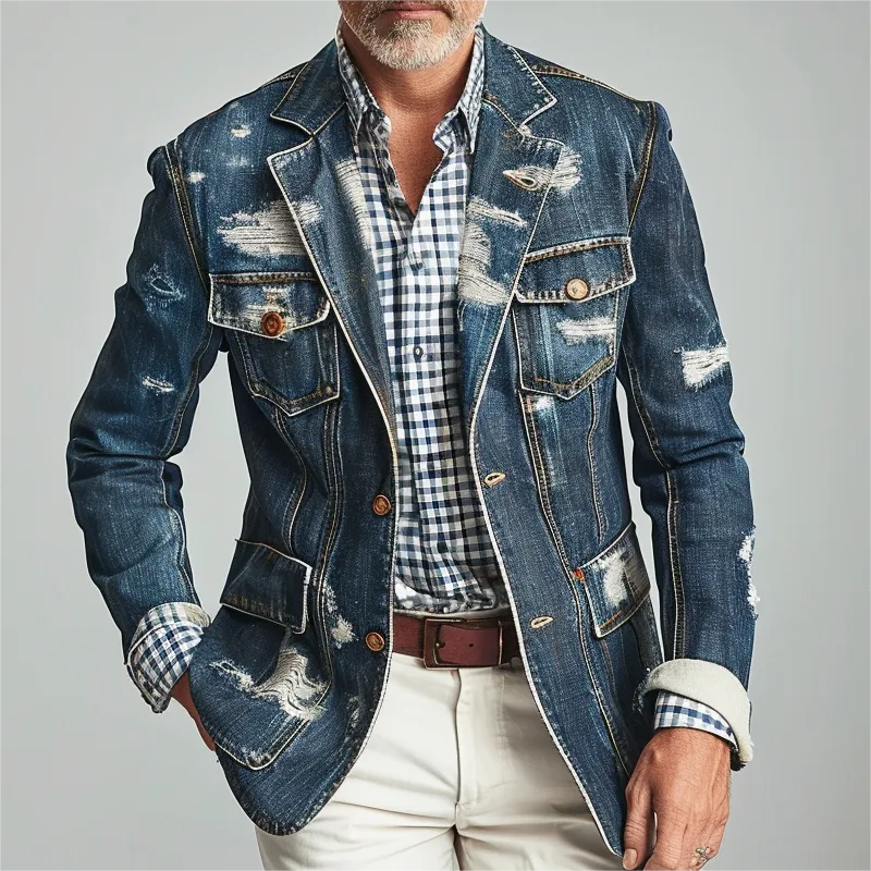 Men's Vintage Ripped Denim Single Breasted Jackets