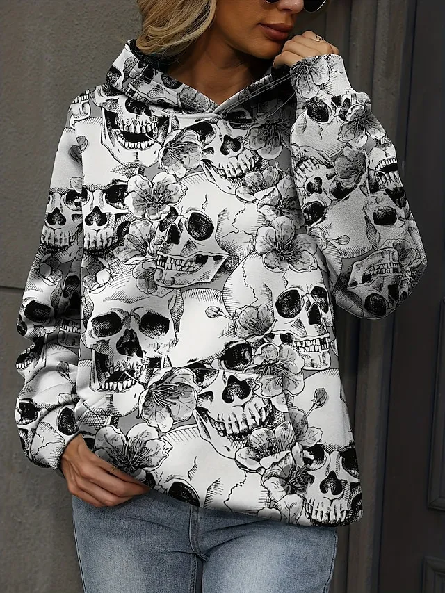 Women's Halloween Sweatshirt Pullover Active Sports Front Pocket Pink Blue Gray Floral Skull Halloween Casual Hoodie Long Sleeve Top Micro-elastic Fall & Winter