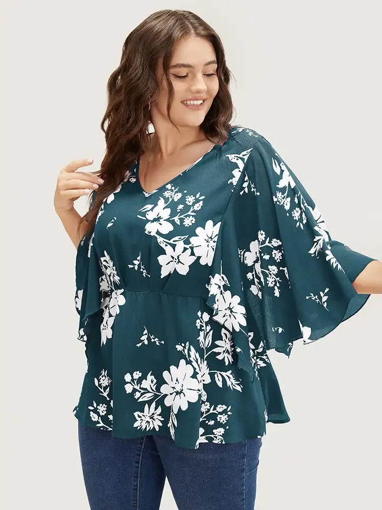 Floral Printed Plicated Detail Flutter Sleeve Blouse