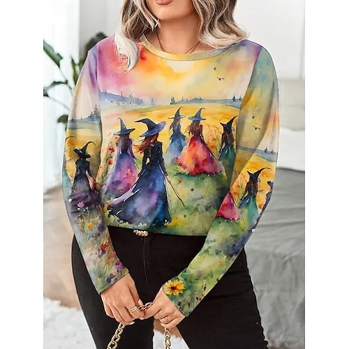 Women's Halloween Sweatshirt Pullover Witch Halloween Print Yellow Casual Crew Neck Long Sleeve Top Micro-elastic Spring Fall & Winter