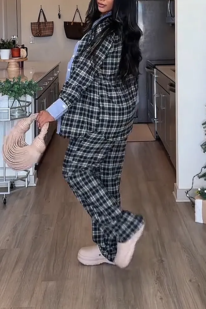 Women's plaid casual jacket & Pants Two Piece Set