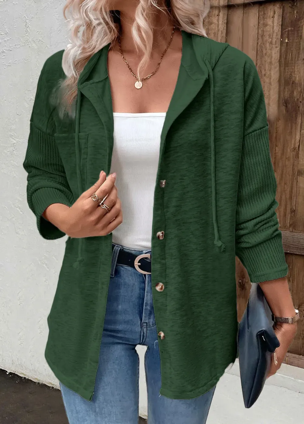 Green Patchwork Long Sleeve Hoodie