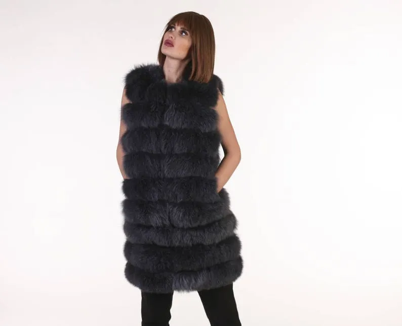 Dark Grey Fox Fur vest hoodedWomen’s