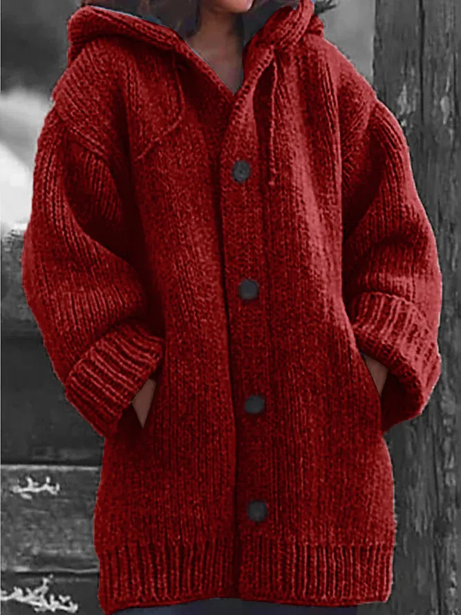 Button Down Hooded Knitted Cardigan Plus Size Knit coat