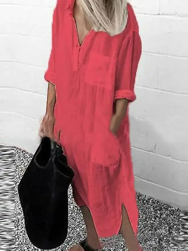 Women‘s Casual Dress Cotton Dress Shirt Dress Swing Dress Midi Dress Blue Yellow Red Long Sleeve Pure Color Pocket Summer Fall Spring Shirt Collar Basic Daily Weekend Loose Fit 2023 S M L XL XXL 3XL