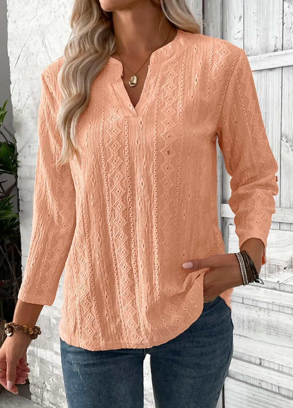 Dusty Pink 3/4 Sleeve Split Neck Blouse
