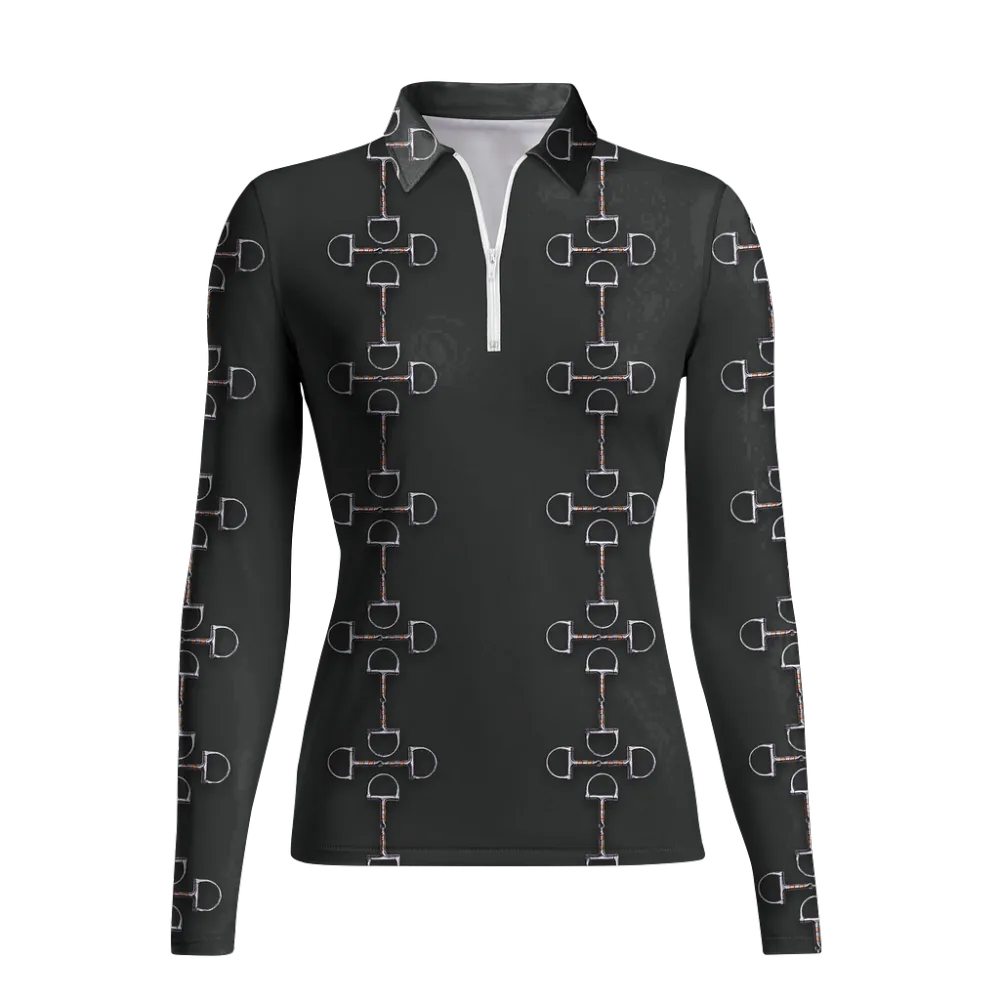 Women's Riding Style Horse Bibs Print Long Sleeve Casual Lapel Shirt