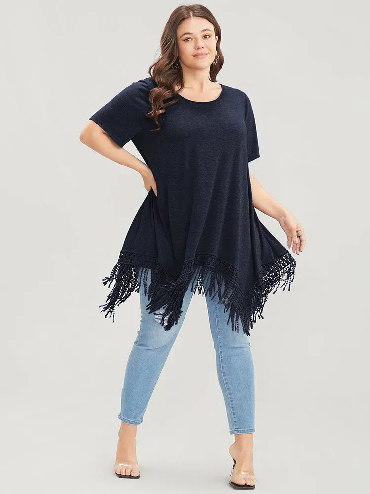 Solid Round Neck Lace Fringe Hem T-shirt