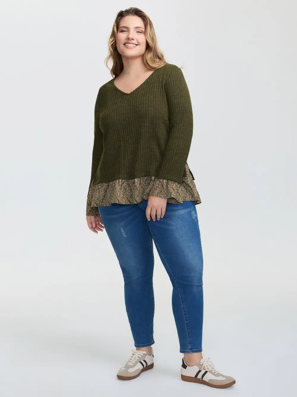 Floral Layered Slit Button Detail T-Shirt