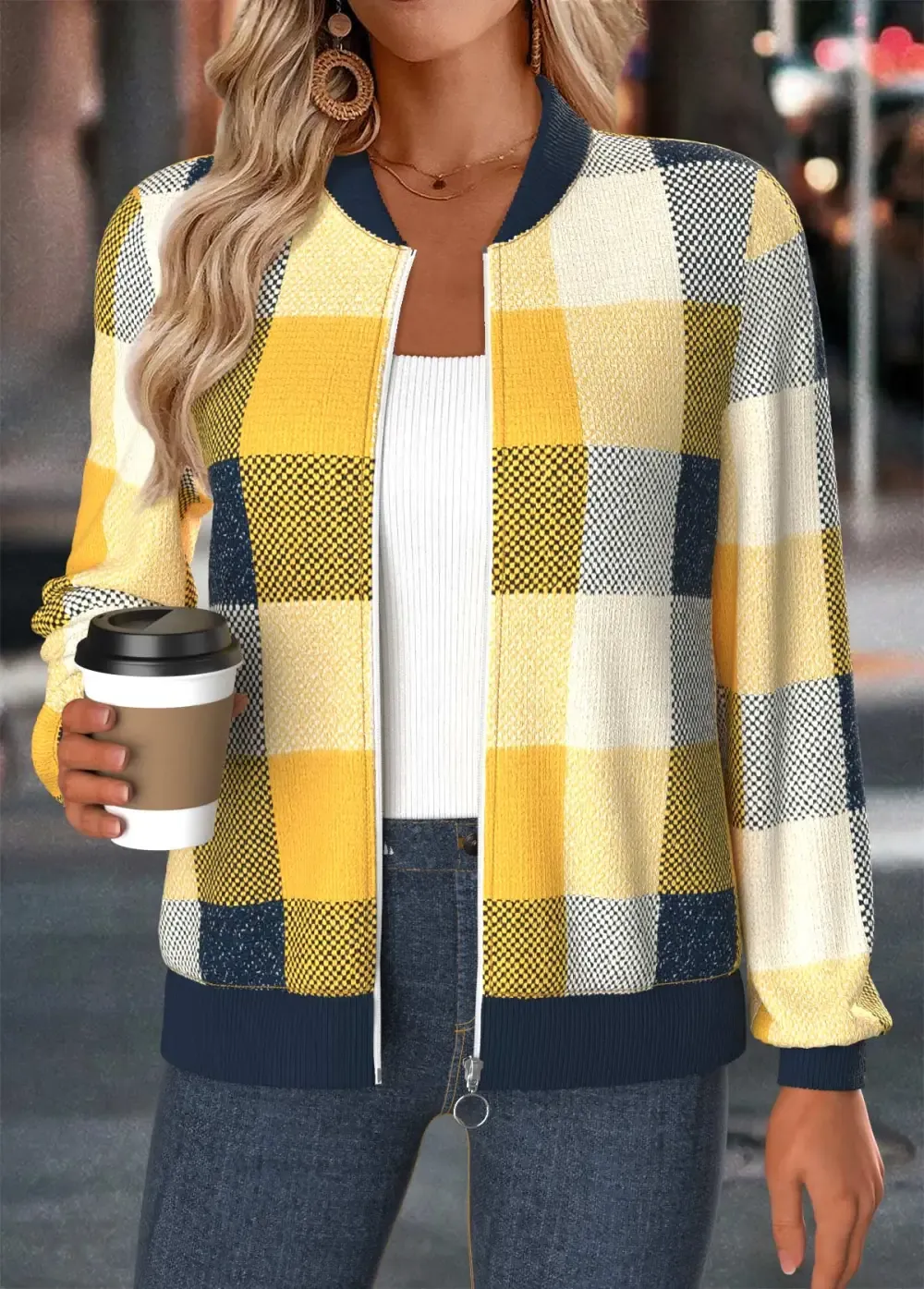 Multi Color Tummy Coverage Plaid Long Sleeve Jacket