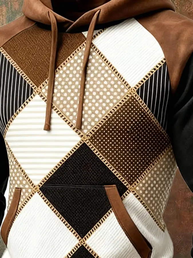 Men's Retro Distressed Color Block Print Casual Long Sleeve Sweatshirt