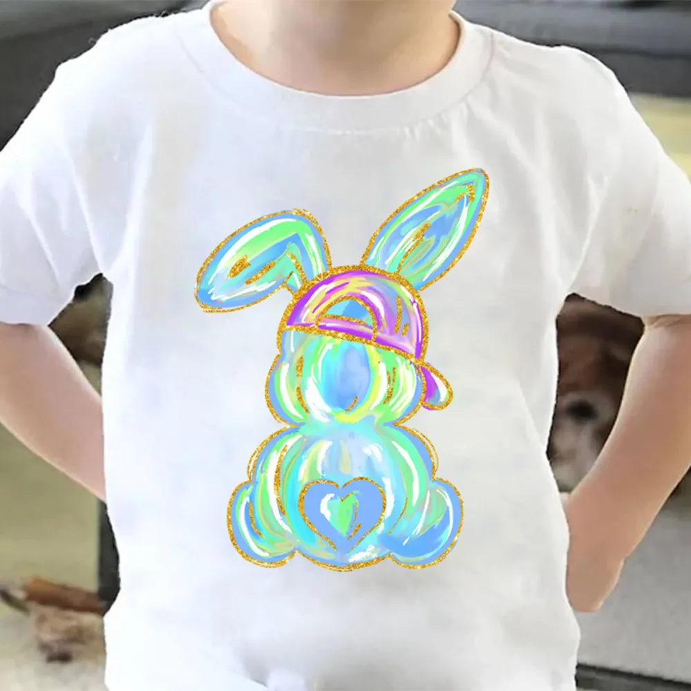 Easter Colorful Bunny Printed Round Neck Short Sleeve T-Shirt