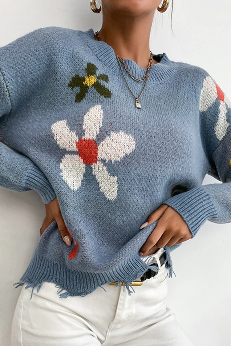 Crew Neck Knit Pullover Shabby Vintage Jacquard Sweater
