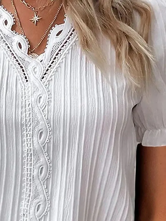 Women's White Dress Lace Dress Summer Dress Mini Dress Lace Street Date Streetwear V Neck Short Sleeve Regular Fit White Color S M L XL 2XL Size