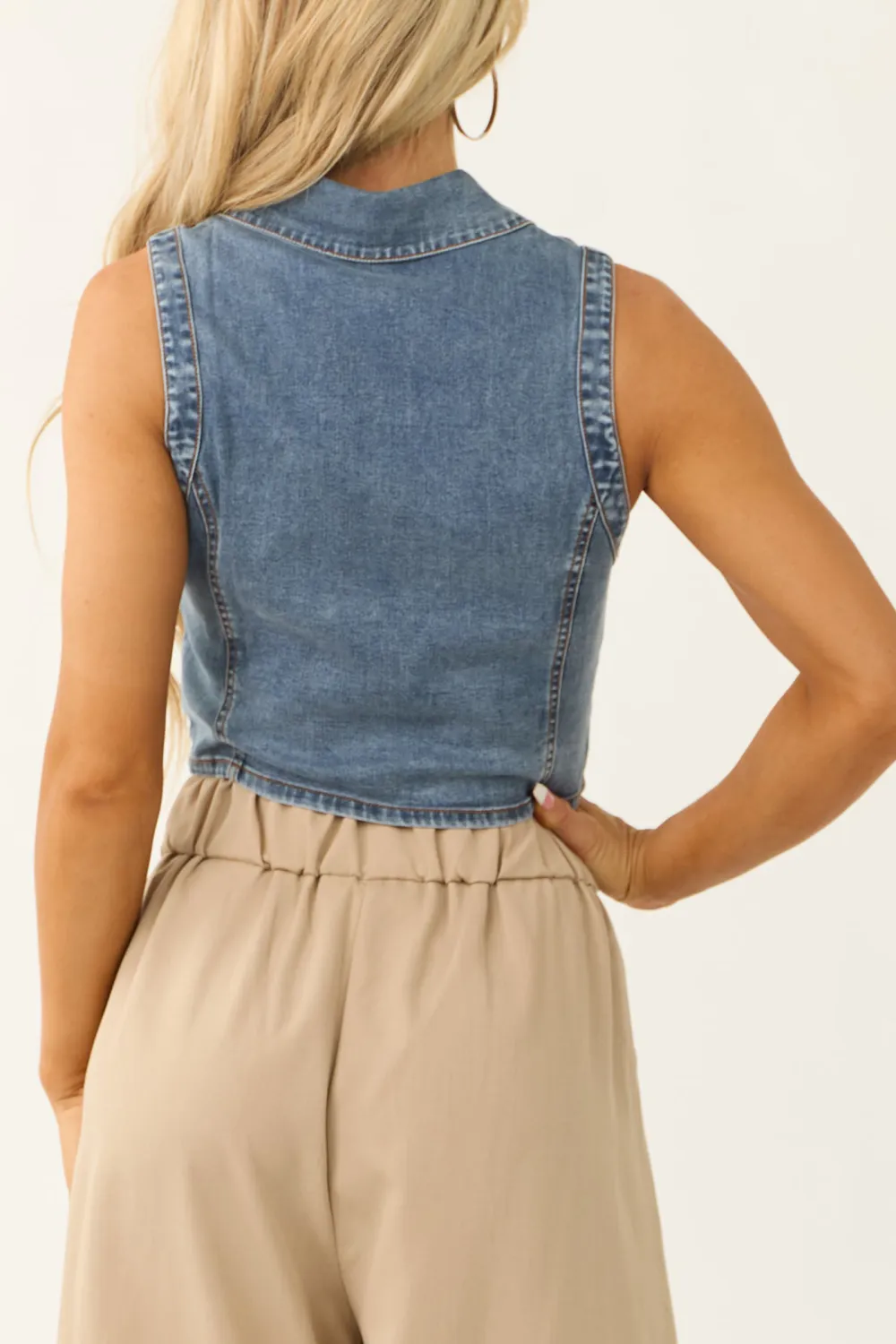 Medium Wash Denim Button Down Collared Vest