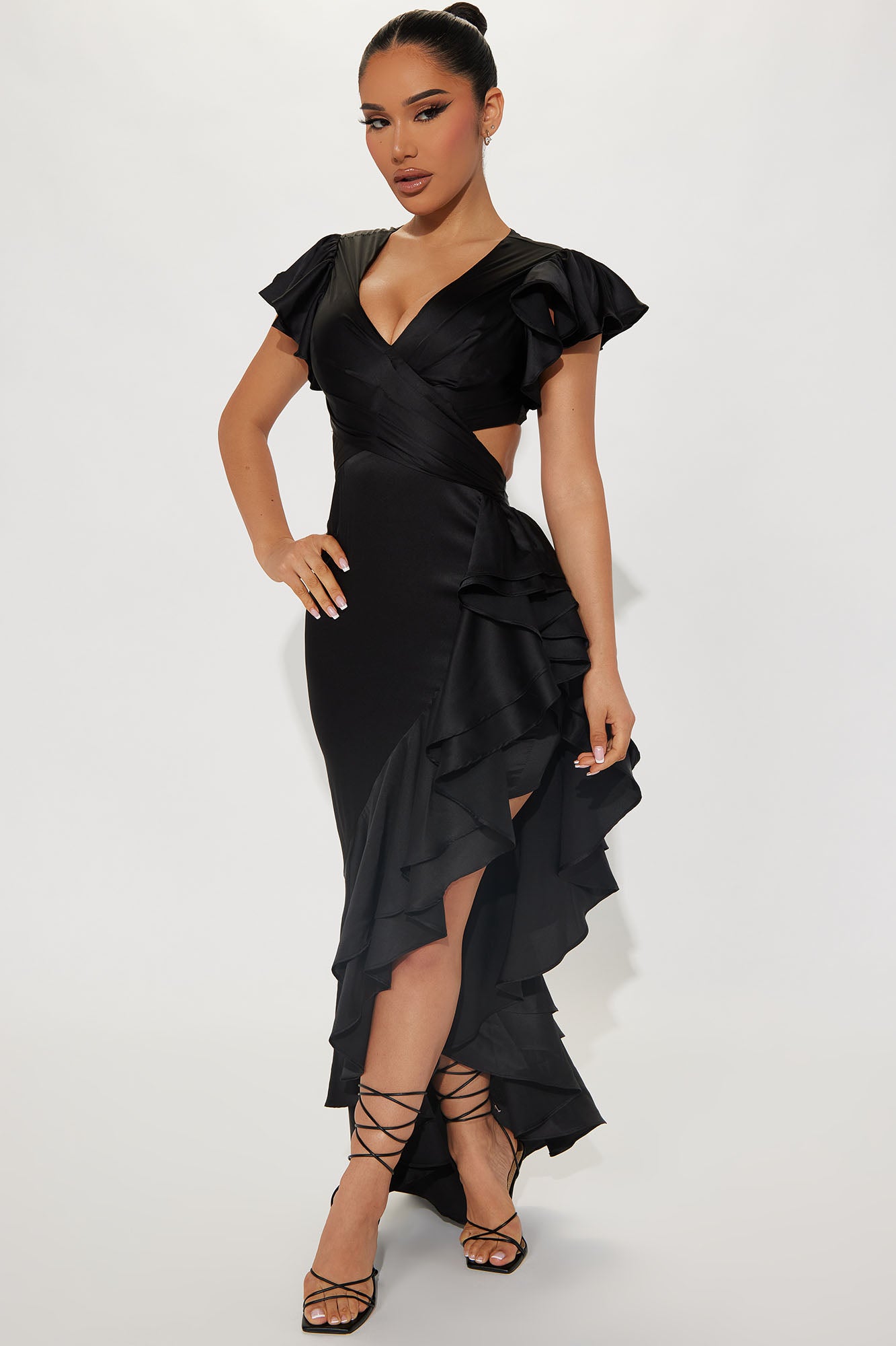 Carrie Satin Ruffle Maxi Dress - Black