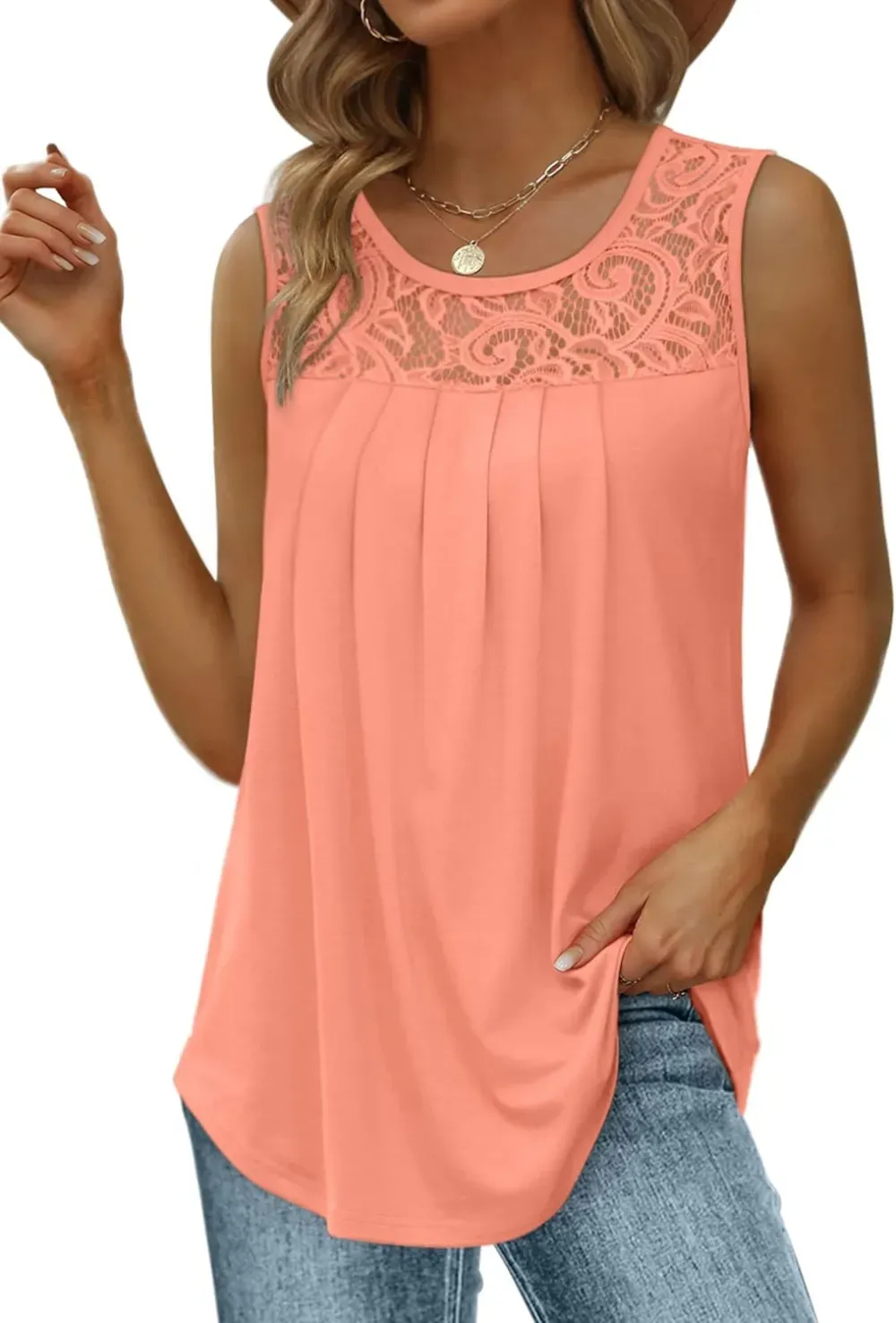 ✨Women's Loose Fit Pleated Scoop Neck Sleeveless Lace Tank Tops