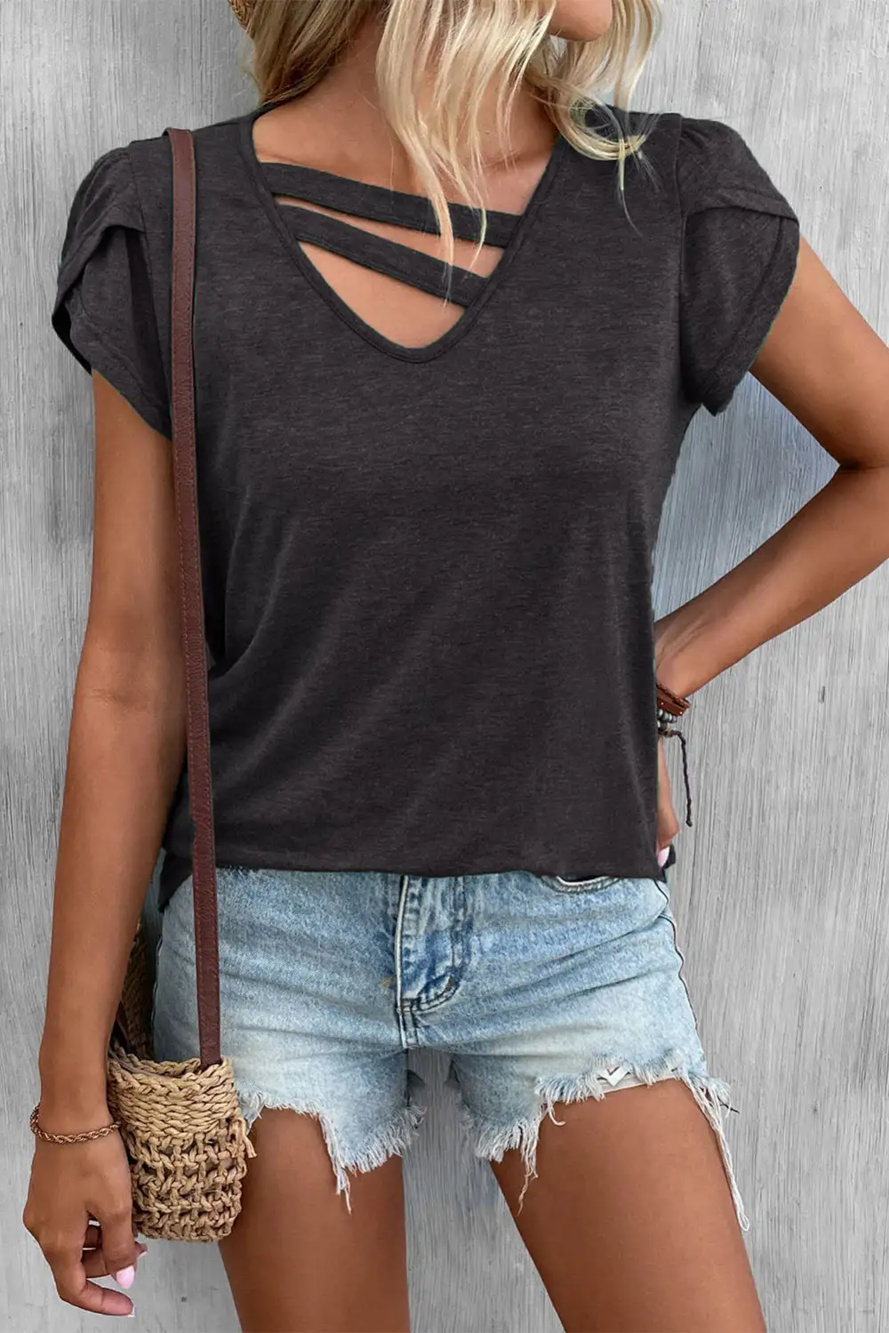 Solid Color Casual Cutout Neck T Shirt