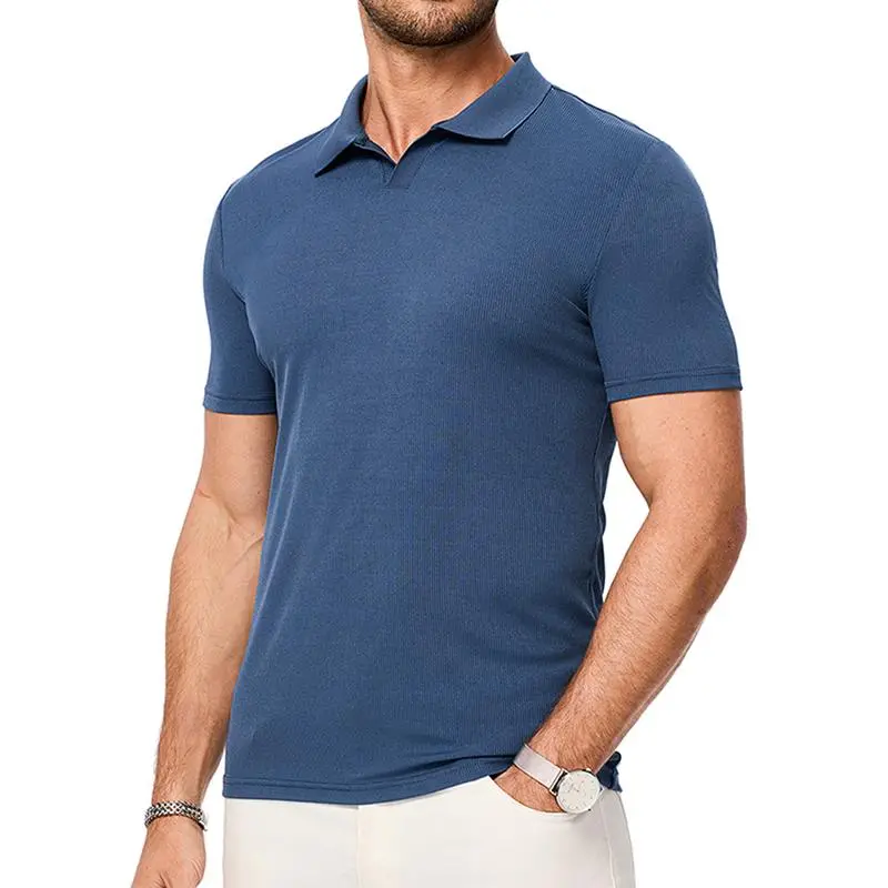 Men's Muscle V Neck Polo Shirts Casual Short Sleeve Slim Fit Ribbed Golf T Shirt Athletic Tee Shortsleeve Menswear Top