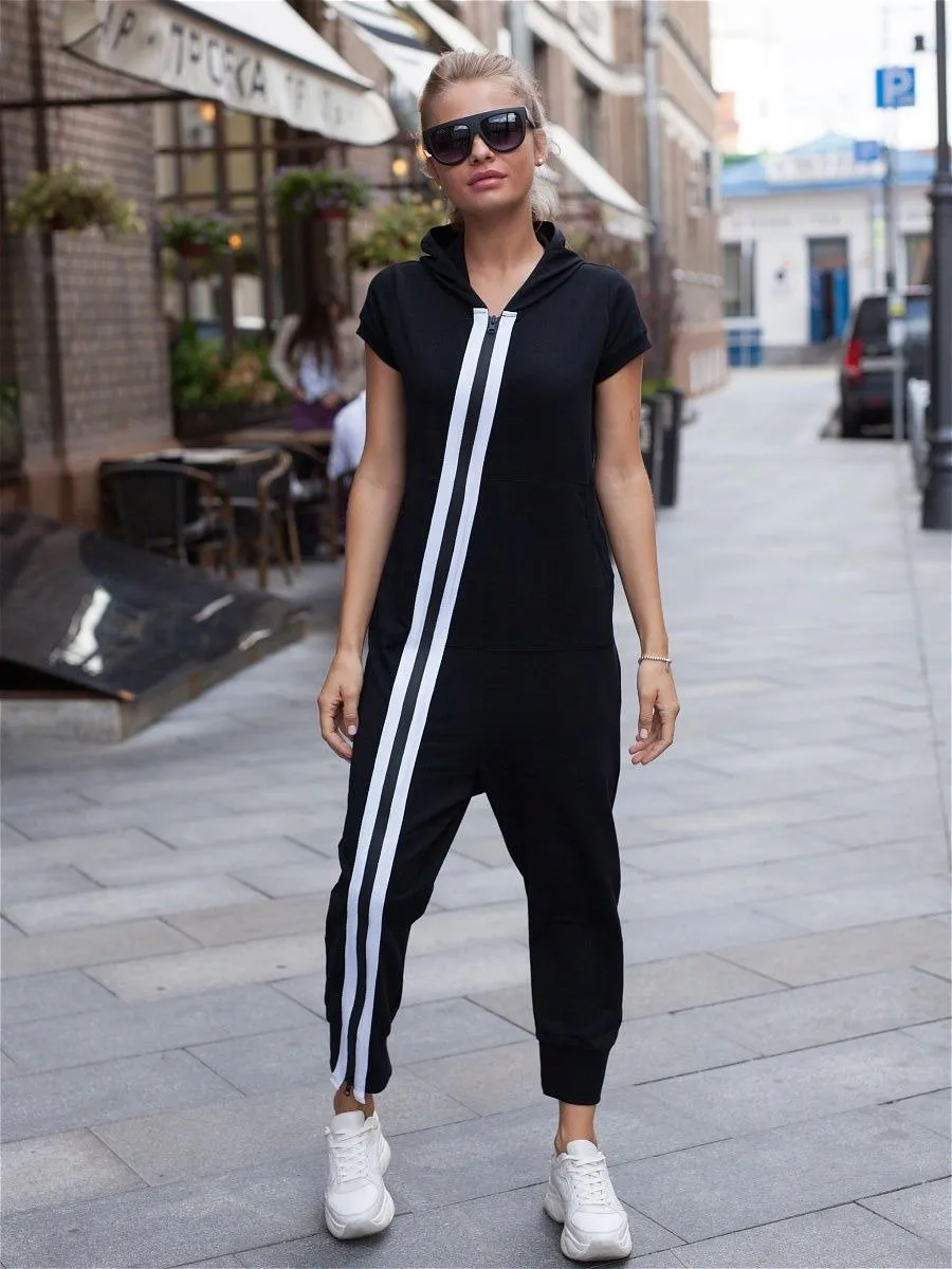 Fashion Stripes Zipper Hooded Jumpsuits