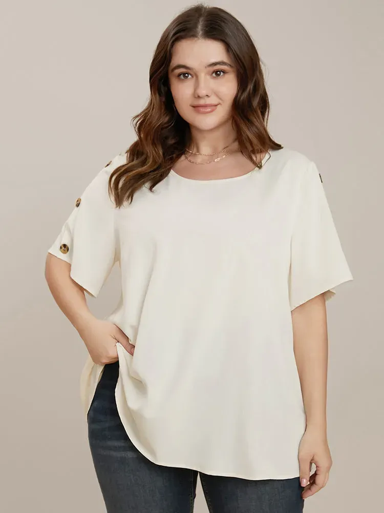 Plain Round Neck Button Detail Blouse