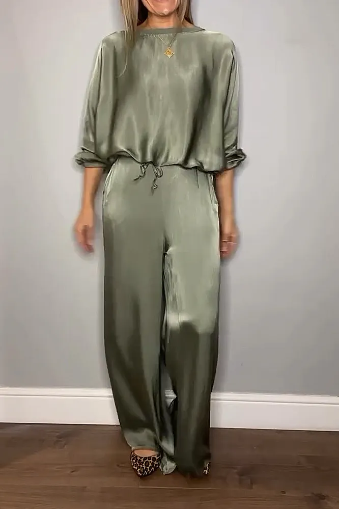 Women's Solid Color satin loose long sleeved top&Pants Two Piece Set