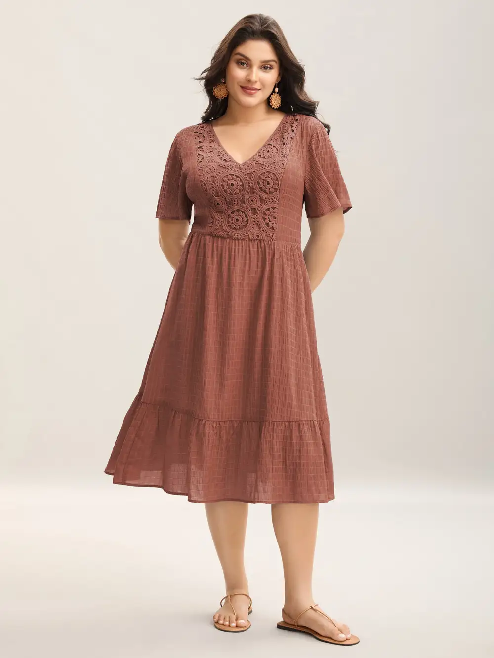 Lace Textured Pockets Tiered Midi Dress