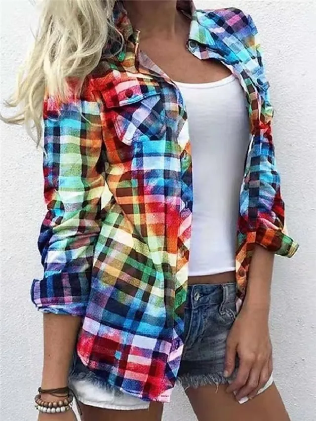 (Fall Clearance Sale🔥）Women's Shirt Blouse Shacket Plaid Color Block Button Print Long Sleeve Daily Weekend Streetwear Casual Shirt Collar Regular