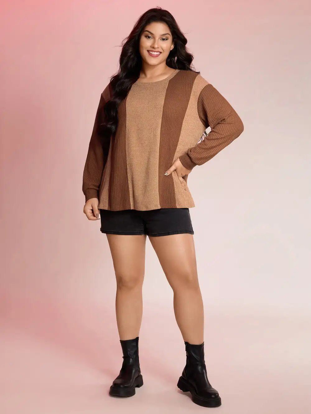 Color Stripe Relaxed Fit Round Neck Sweatshirt