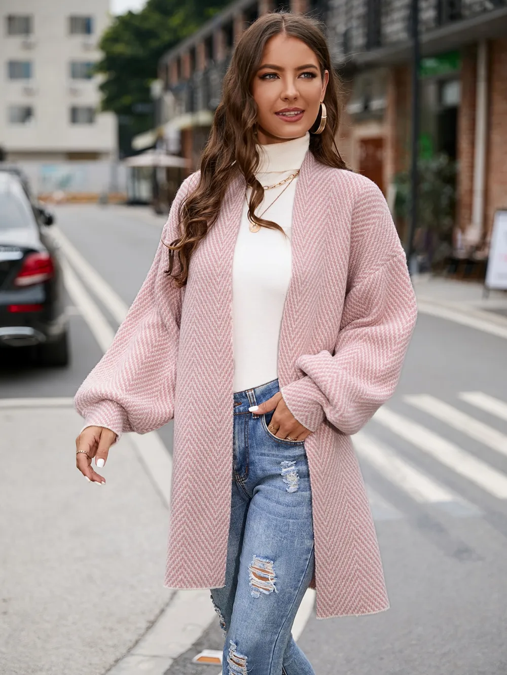 Chevron Pattern Bishop Sleeve Duster Cardigan