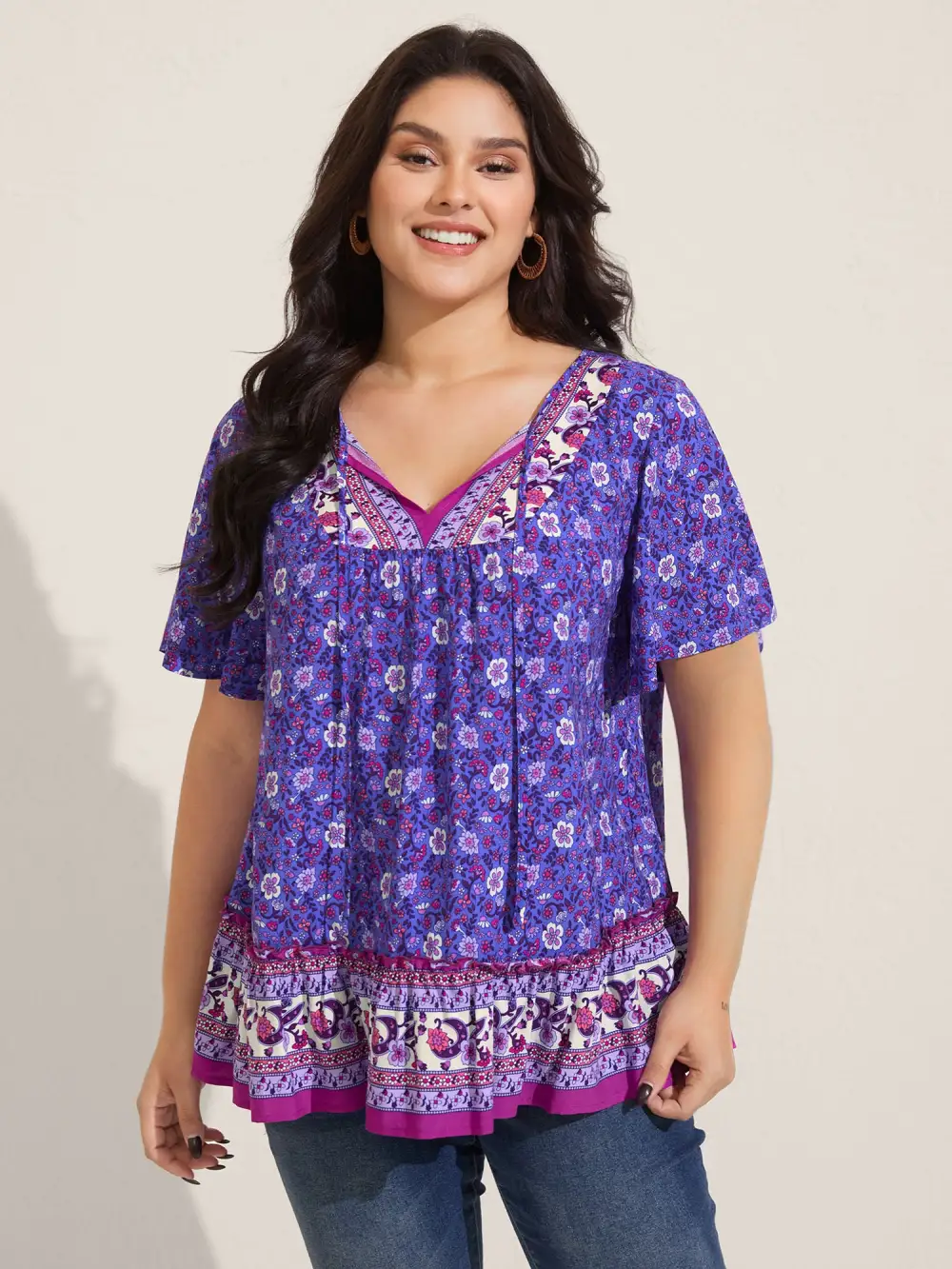 Boho Floral Print Neck Tie Blouse