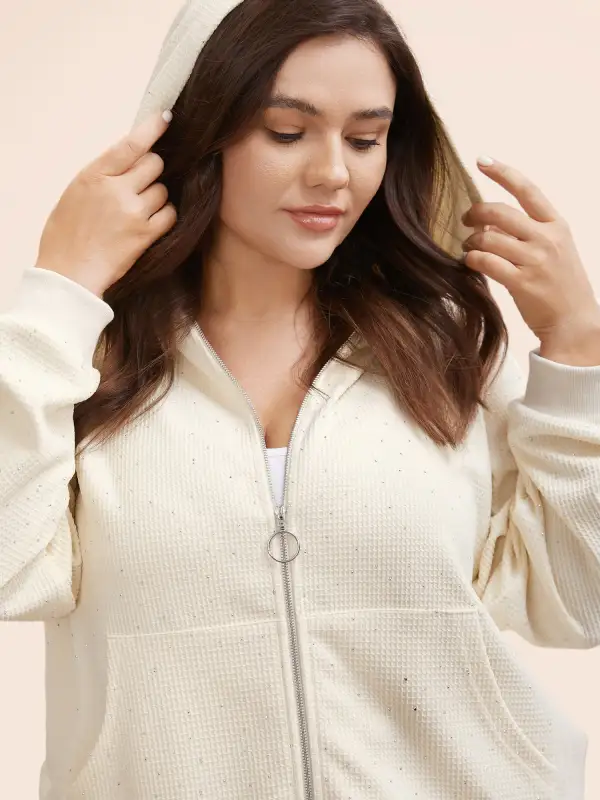 Textured Rhinestone Hooded O Ring Zipper Sweatshirt