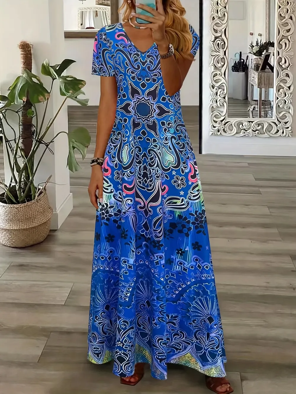 Vibrant Paisley Print V-Neck Dress for Women